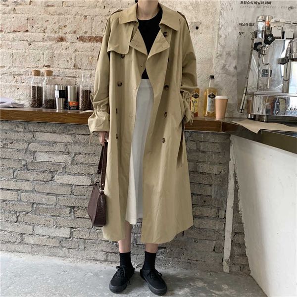 

windbreaker women's over-the-knee fashion autumn and winter 2020 new popular retro temperament long british wind coat tide, Tan;black