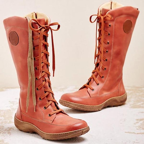 

soft women shoes flats moccasins women's fashion casual round toe rome retro zipper long boots lace up shoes#41, Black