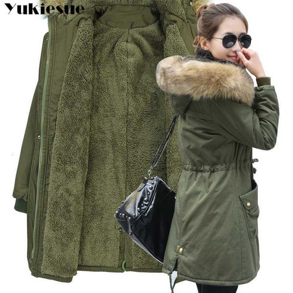 

fashion autumn warm winter jackets women fur collar long parka plus size lapel casual cotton womens outwear park plus size y190828, Black