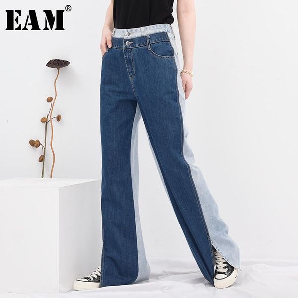 

eam] blue contrast color denim long wide leg jeans new high waist loose women trousers fashion tide spring autumn 20201