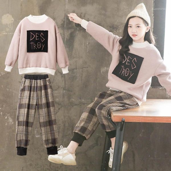

teenagers girl clothes set 2020 fashion winter suit plus velvet thickening 2 pieces hoodie +pants suits1, White