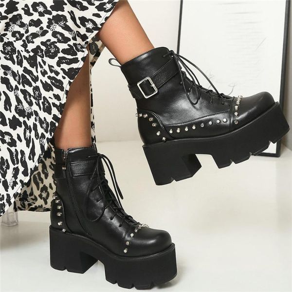 

punk rivets shoes women lace up chunky high heels winter warm motorcycle boots female round toe platform pumps shoe casual shoes, Black