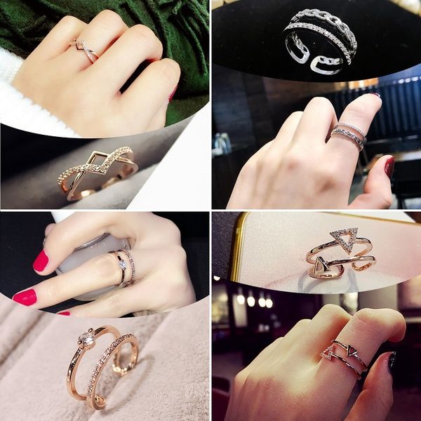 

japanese versatile and korean trendsetter simple temperament women's micro inlaid adjustable ring, Silver