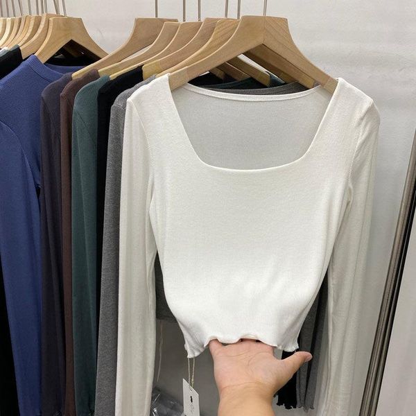 

women's t-shirt fashion casual square neck bottoming shirt women 2021 autumn slim long-sleeved short top, White