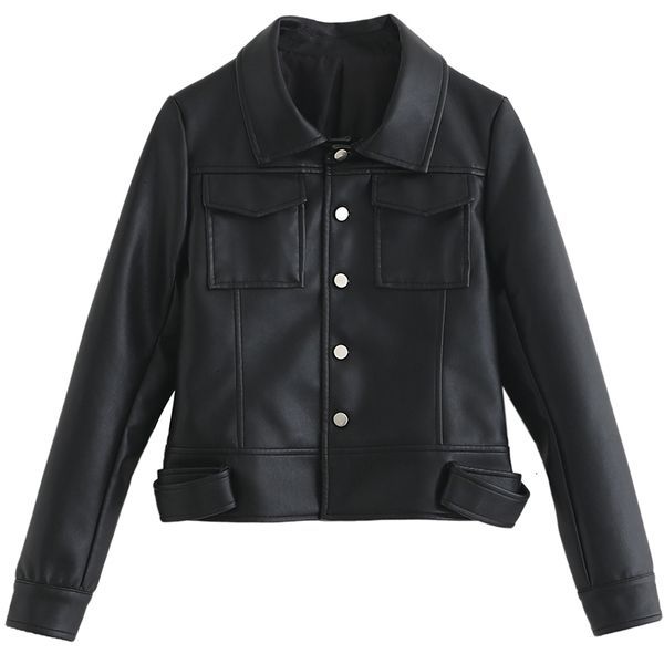 

women's compact synthetic leather coat, black, spring and autumn
