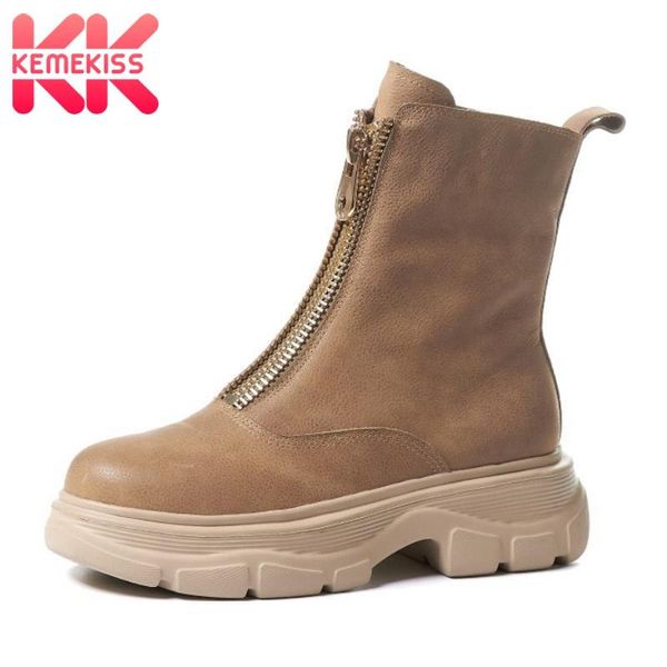 

boots kemekiss women real leather half short winter shoes fashion casual zipper footwear size 34-42, Black