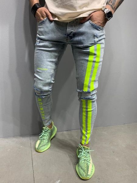 

men's jeans men skinny striped zipper denim hole wash vintage hip hop work trousers slim printed european big size, Blue