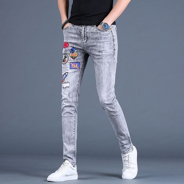 

53fsg jeans men's slim patch cloth embroidered hole and gray men's feet personalized jeans fashion spring style otkwn, Blue