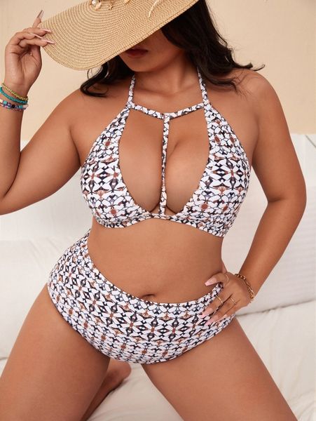 

plus allover print cut out high waisted bikini swimsuit w9sb#, Black