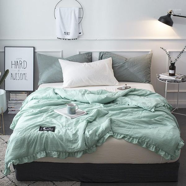 

summer green patchwork quilts ruffles duvet 1pc bed cover freshness cotton washed throw linens bedding summer bed blankets solid1