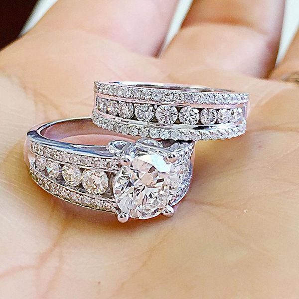 Anelli a grappolo Anello in argento sterling 925 di lusso per le donne Pieno pavé di diamanti Elegante semplice fidanzamento femminile Weddiing Coppia dito