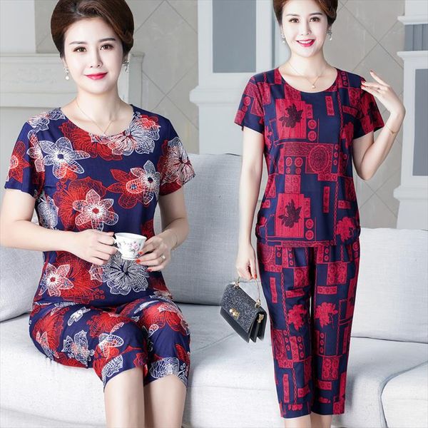 

2021 summer sporting two piece set womens printed short sleeve t shirt amp; pants sets middle aged large size loose tracksuit suits, Gray