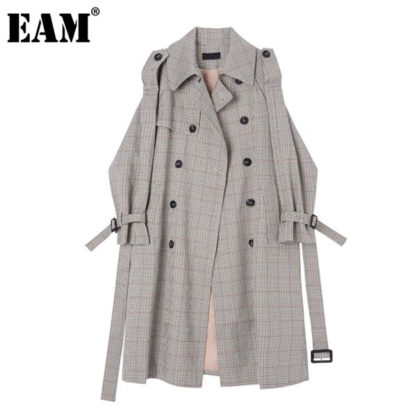 

eam] women gray plaid stitch big size long trench new lapel long sleeve loose fit windbreaker fashion spring autumn 2020 1z475 1031, Tan;black