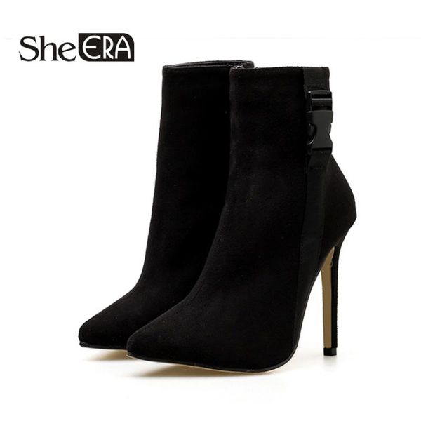 

boots arrival women high heel ankle leather zip buckle short 11.5cm black white winter