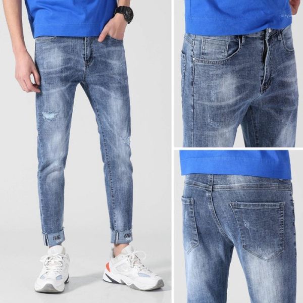 

19 spring summer men's jeans korean-style fashion light straight-leg slim fit elasticity with holes denim (ankle-length pants)1, Blue