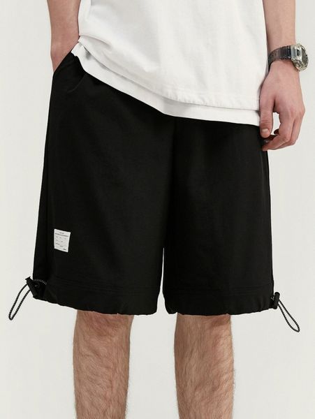 

men patched detail drawstring shorts c703#, Black