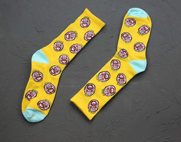 

golfwang pink explosive head bright yellow cotton sports street trend skateboarding socks for men and women, Black