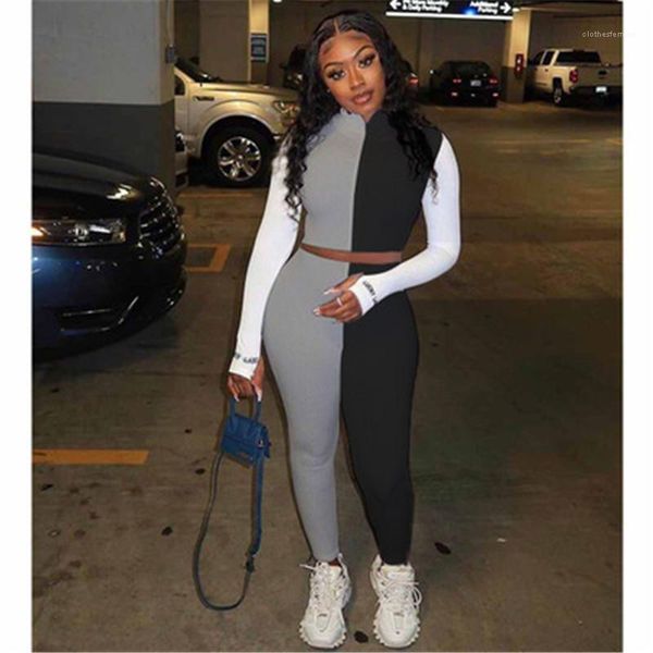 

female casual short slim pants 2pcs suits women colorblocked short sets fashion trend long sleeve trousers tracksuits spring, Gray