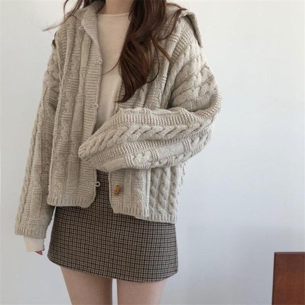 

2021 autumn warm korean cardigan knitted ladies wool hooded thicken sweaters loose oversize harajuku white kawaii jumpers, White;black