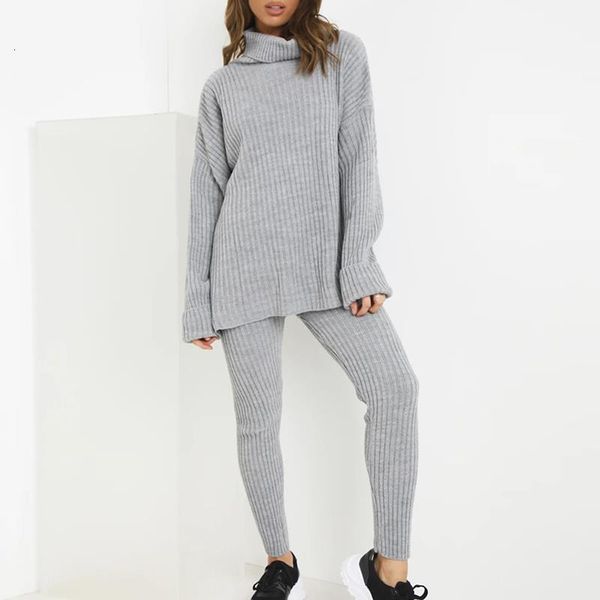 

women's knitted suit winter sweater suits and sets turtleneck long sleeve knitted sweaters+long trousers 2pcs women's suit, Gray