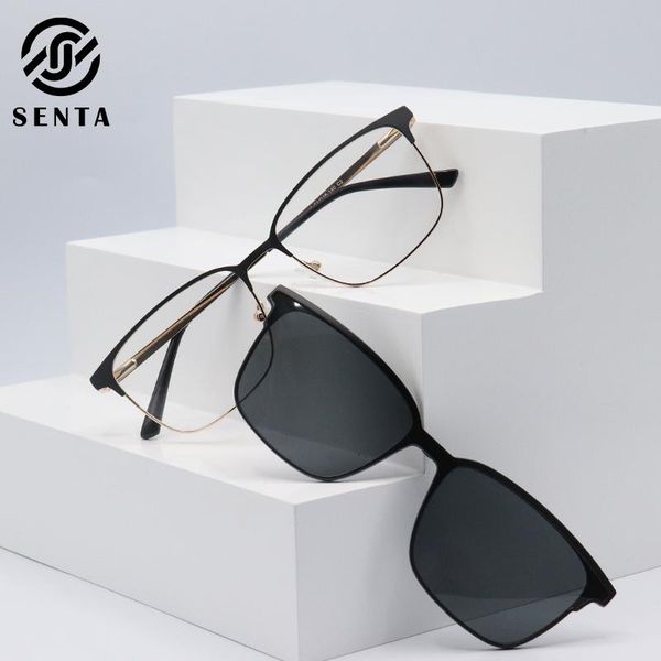 

brand design square rectangular metal prescription eyeglasses frame men optical myopia 2 in 1 magnet polarized clip on glasses, Black