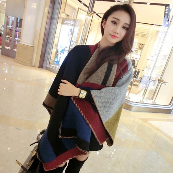 

vintage oversized women shawl fashion large color block cashmere wool scarf outdoor winter warm cloak pashmina dda791, Blue;gray