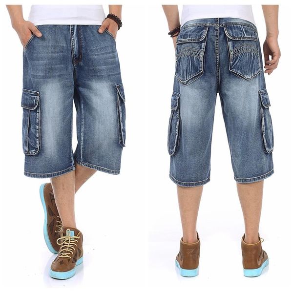 Muiti bolso na altura do joelho jeans para homens verão hip hop dança solto ajuste homem baggy carga jean shorts tamanho grande