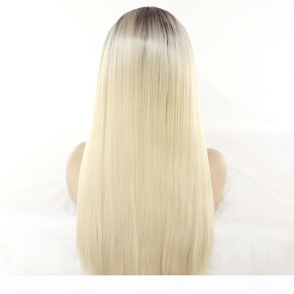 

middle parting dark roots ombre blonde straight synthetic hand tied lace front wig heat resistant fiber cosplay party wig for women, Black