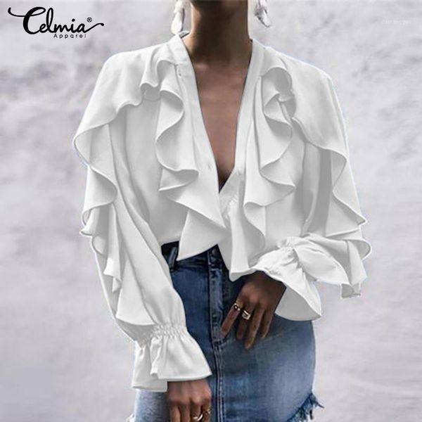 

celmia stylish summer ruffled blouse women v neck long sleeve shirts female casual buttons street blusas plus size 5xl1, White