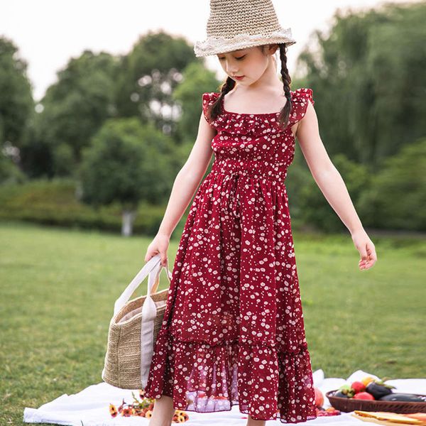 

summer chiffon floral suspender girl's 2021 princs drs off shoulder wave point long skirt 8szw0rem, Red;yellow