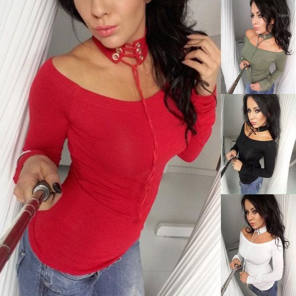 

new women choker neck casual solid loose long sleeve ladies t shirt, White