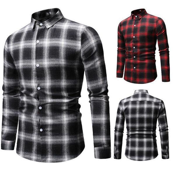 

men's casual shirts brand personalized fashion leisure business long sleeve plaid shirt men streetwear mens dress, White;black