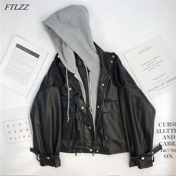 

ftlzz new autumn women streetwear black pu faux soft leather jacket casual female fake 2 piece hooded zipper loose biker coat