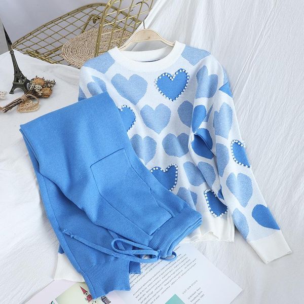 

women's tracksuits knitted 2 piece sets womens beading love heart long sleeve o-neck sweater + lace up waist double pockets harem pants, Gray