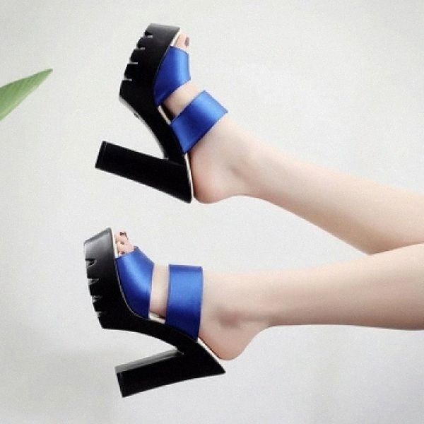 

2019 slippers women shoes platform high heel 13cm shoes ladies summer female sandals thick heel outdoor party blue #k482, Black