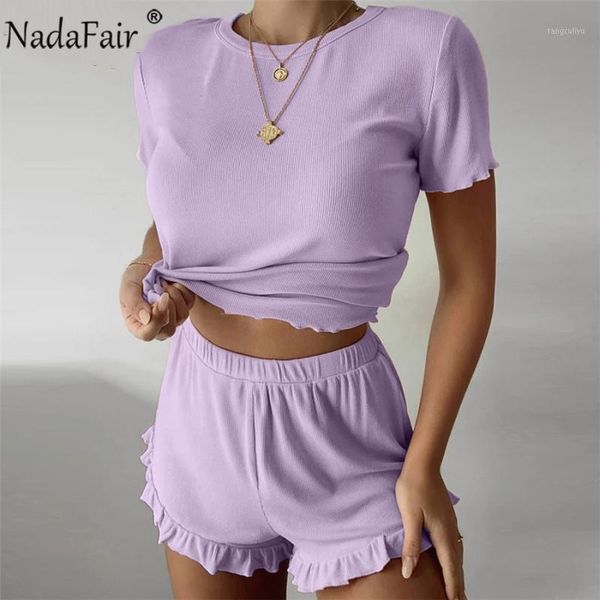 

nadafair shorts sets 2020 o neck solid shirt and mini shorts ruffles ribbed knit summer casual two piece set outfits women1, White