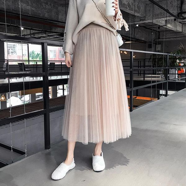 

spring new 2021 women sweet mesh ball gown skirt high waist pleated midi skirts black gray pink apricot beach skirt