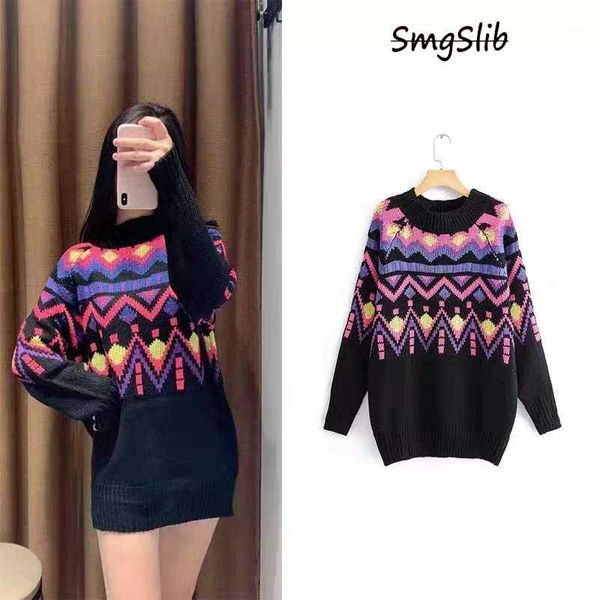 

2020 new women casual sweaters argyle decoration o-neck knitted pullovers sweaters long sleeve sweater1, White;black