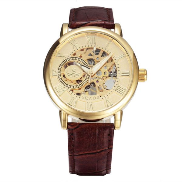 

watch swiss watch men's fashion leisure sewor roman hollow out manual mechanical watch, Slivery;brown