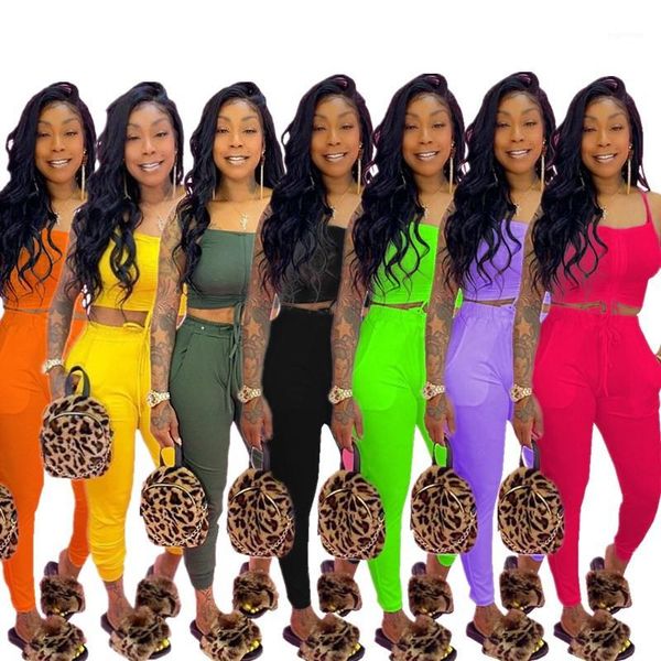 

color tracksuits fashion spaghetti strap stacked long pants womens 2pcs sets casual females clothing womens designer solid, Gray