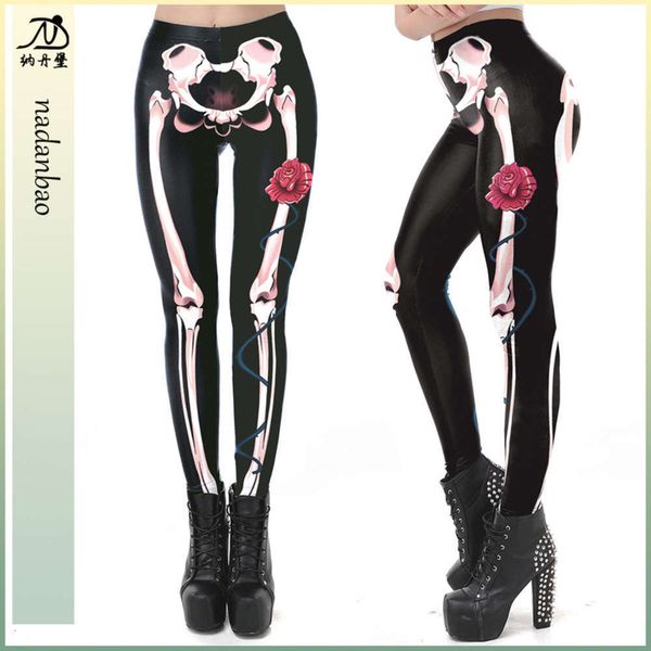 

women's 2020 versatile halloween skull costume print slim bottoming pants wkdk1030, Black