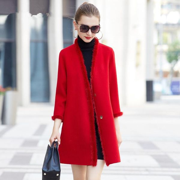 

2020 wool coat female autumn winter double cashmere jackets for women natural collar manteau femme hiver p37031, Black
