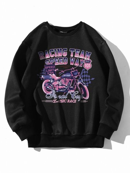 

motorcycle and letter graphic thermal lined sweatshirt m0ev#, White;black