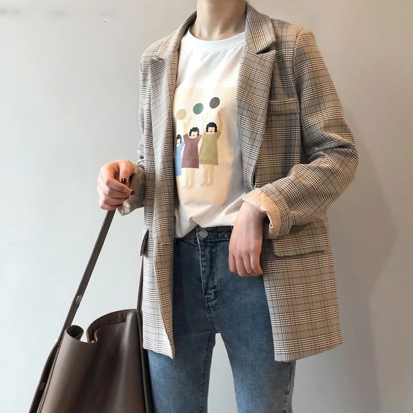 

korean plaid women work blazer jacket casual single-breasted sashes suit jacket female slim female blazer outwear, Black;brown