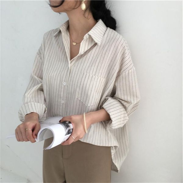 

cbafu striped summer blouse women turn down collar long sleeve casual vintage shirts pocket loose single breasted 2020 f5161, White