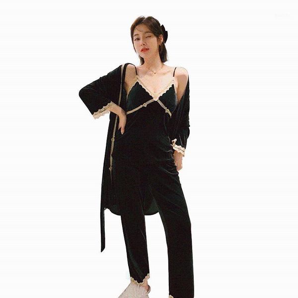 

golden velvet pajamas women's fall winter 2020 new suspender nightgown three piece set large cross border home wear1, Black;red