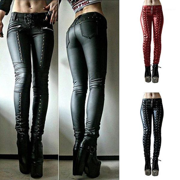 

steampunk women faux leather cosplay pants carnival party skinny button trousers1, Black;white