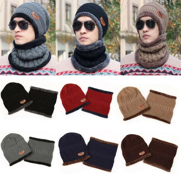 

hats, scarves & gloves sets winter women men camping wool hat beanie baggy warm fleece ski cap + neckerchief, Blue;gray