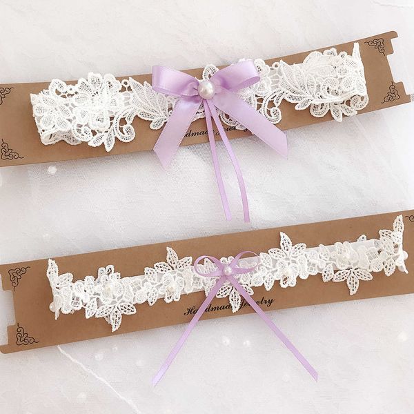 

elegant purple bow flowers white lace thigh ring leg garter pearl clothing wedding accessories for women female bride party, Black;white
