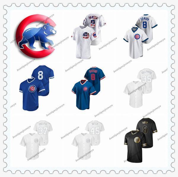 

custom men women kids chicago cubs 8 andre dawson 8 ian happ 35 hollywood 37 phelpsy 45 dutch home blue white baseball jerseys, Black